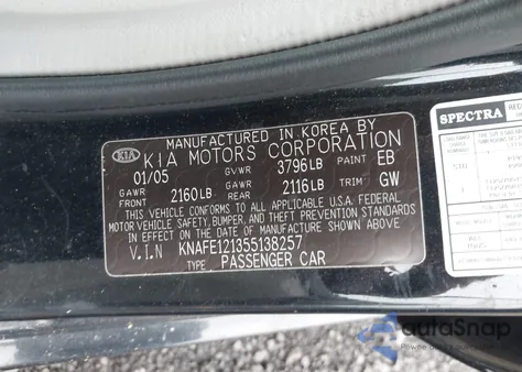 2005 Kia Spectra Ex/Lx/Sx from USA, damaged, VIN KNAFE121355138257